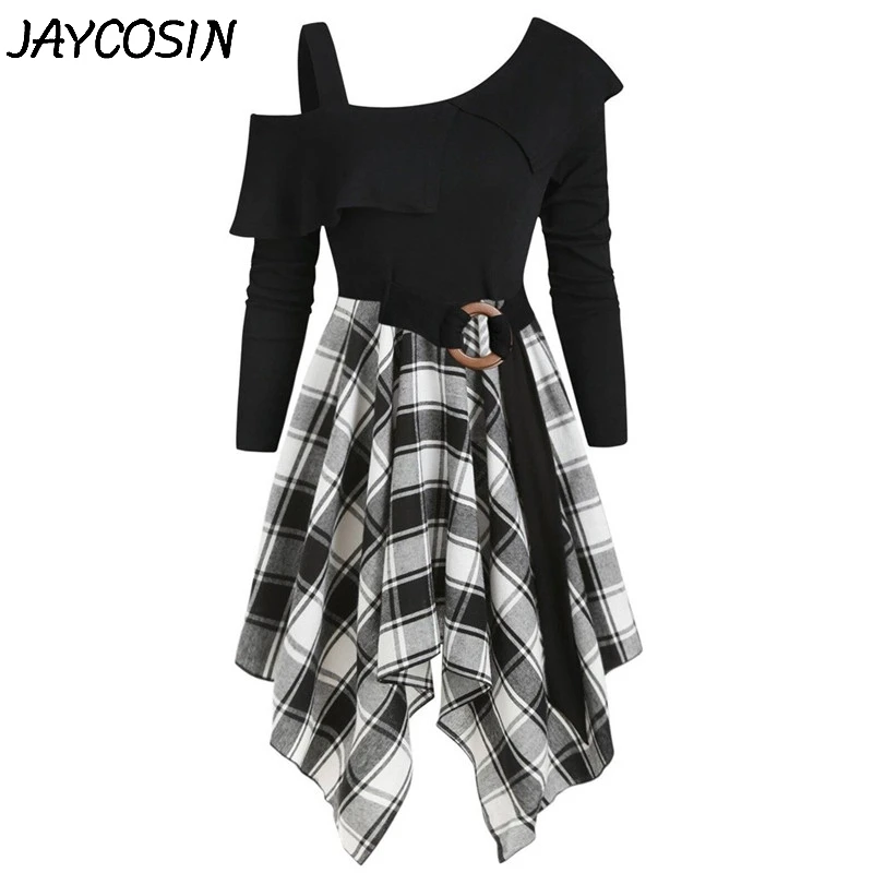JAYCOSIN женское платье с длинным рукавом асимметричное клетчатое поясом носовой