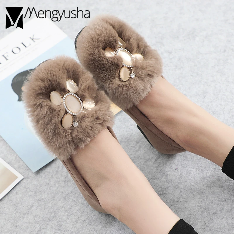 Зимняя обувь Обувь с натуральным мехом кролика Женские из флиса на плоской