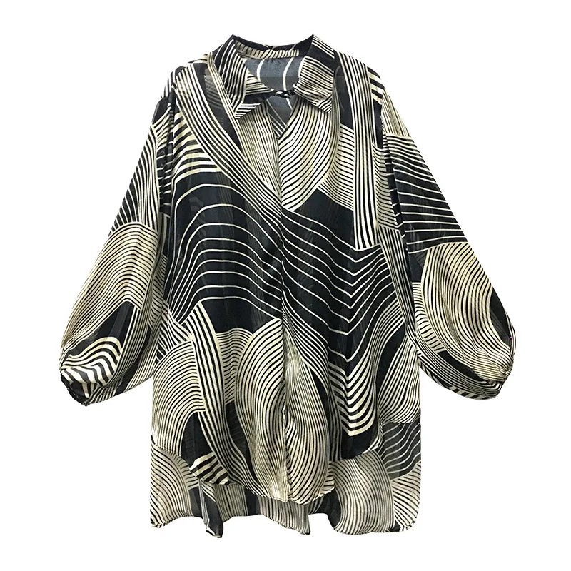 

2021 Spring Women New Fashion Long Sleeve Draping Top Irregular Slit Sun Protection Chiffon Ladies Shirt High Street Blouses