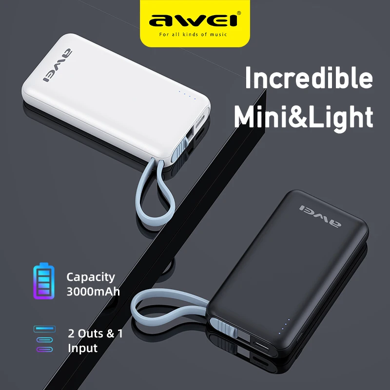 Портативное мини зарядное устройство AWEI на 3000 мА · ч с кабелями типа C компактная