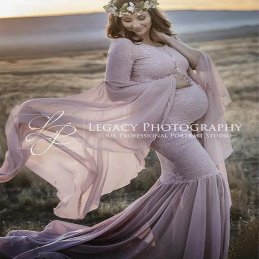 Костюм платье с кружевом для беременных женщин одежда длинными рукавами длинное