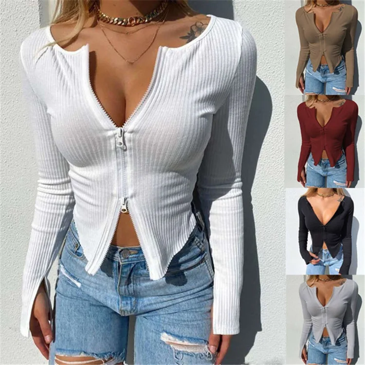 

Women T-shirt Spring Autumn Clothes Ribbed Knitted Long Sleeve Crop Tops Zipper Design Tee Sexy Female Slim Black White Tops