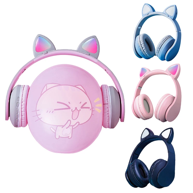 

Cat Ear Headphones Bluetooth 5.0 Noise Cancelling Headphone Wireless Headset with LED Light Foldable Volume Control earphones