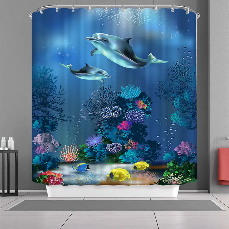 

Underwater World Dolphin and Fish Printed Shower Curtains Bath Products Bathroom Decor with Hooks Waterproof Rideau