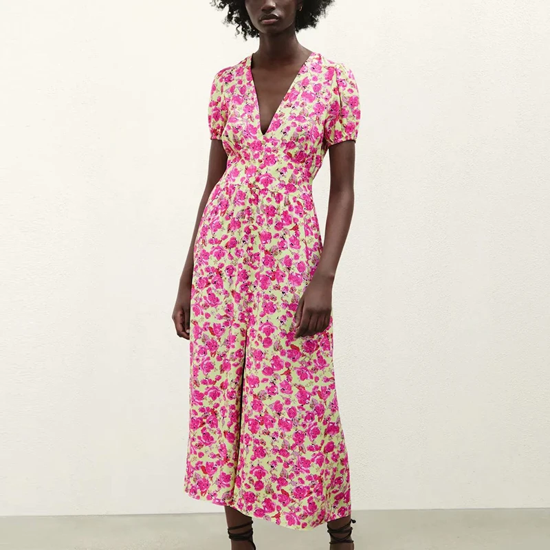 

Женское платье с цветочным принтом, повседневное и праздвечерние чное платье с коротким рукавом, элегантное платье-трапеция с глубоким V-об...