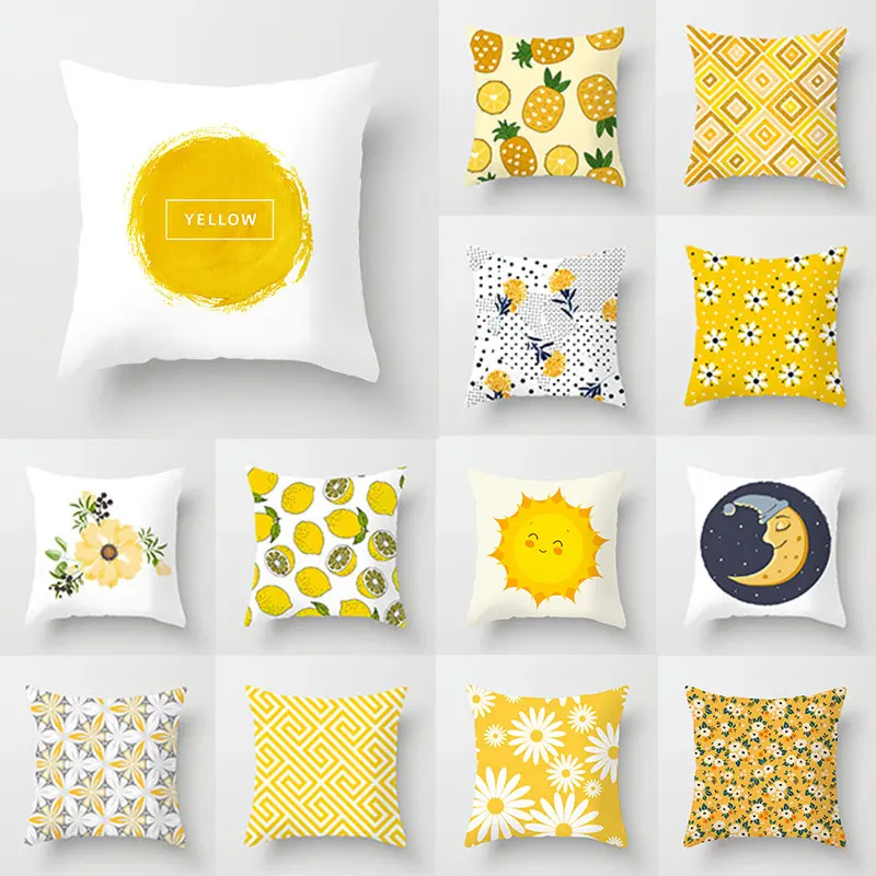 

45x45cm Yellow Cartoon Flowers Plant Pillowcase Geometric Throw Cushion Pillow Cover Printing Cushion Bedroom Office Pillow Case