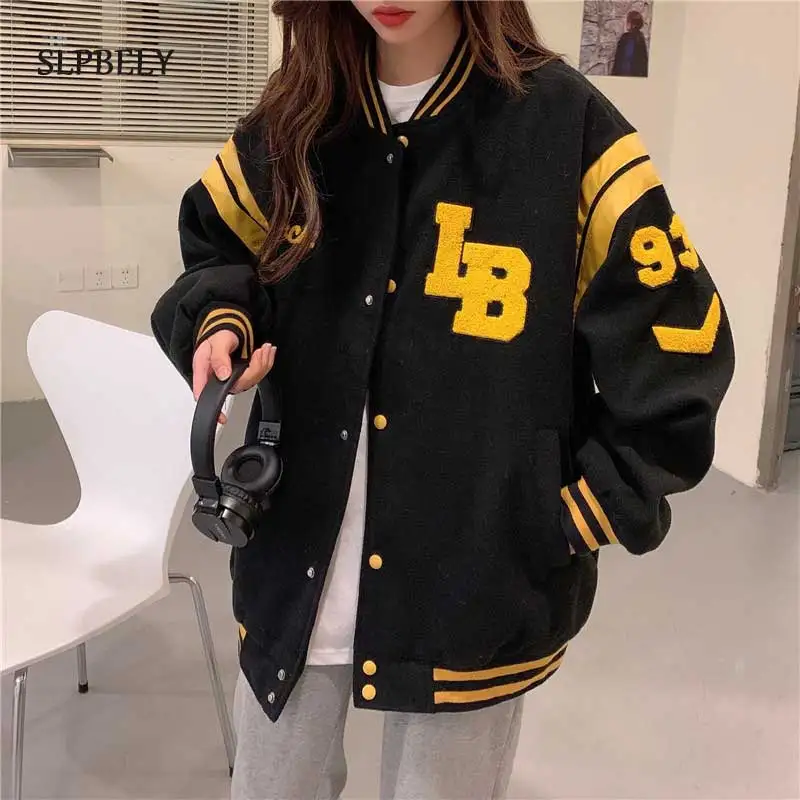 

SLPBELY 2021 Jacket Female Autumn Winter New Korean Version Of Loose Plus Velvet Thick Sweater Student Ins Baseball Uniform Tide