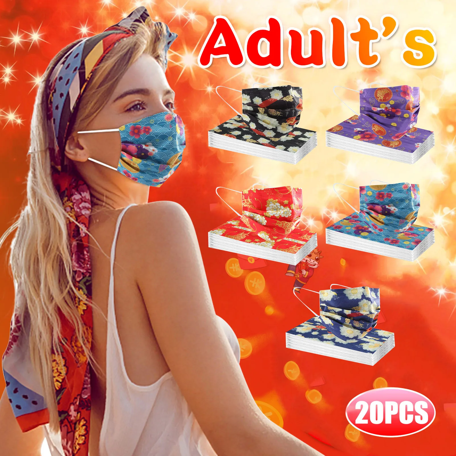 Китайская маска для взрослых с новогодним рисунком коровы одноразовая лица