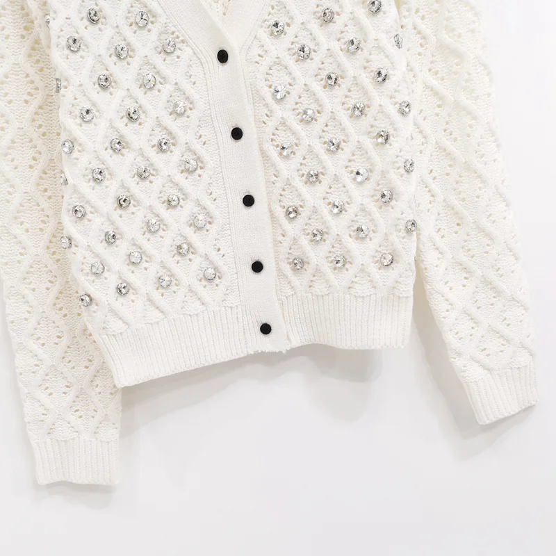 

m Family Early Spring 2021 New Rhombic Crochet Hollow Out Large Diamond V-neck Knitted Cardigan Women's Wear