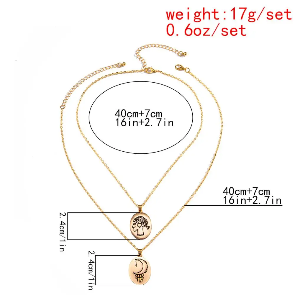 

Lacteo Retro Moon and Women Portrait Carved Coin Pendant Necklace Vintage Double Layered Metal Chain Choker Necklace for Women