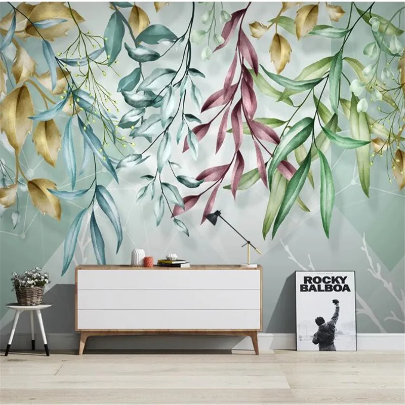 

Milofi Wallpaper mural custom Nordic tropical plants hand painted leaves geometric lines TV sofa background wallpaper mural