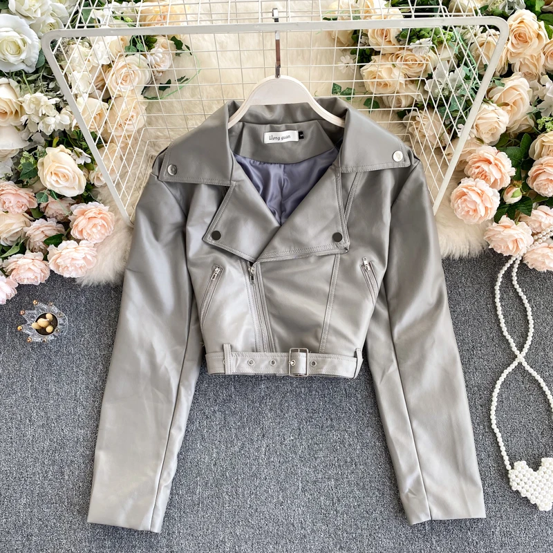 

Women Handsome Super Short Design Belted Waist Leather Jacket Motorcycle BF Style PU Leather Top