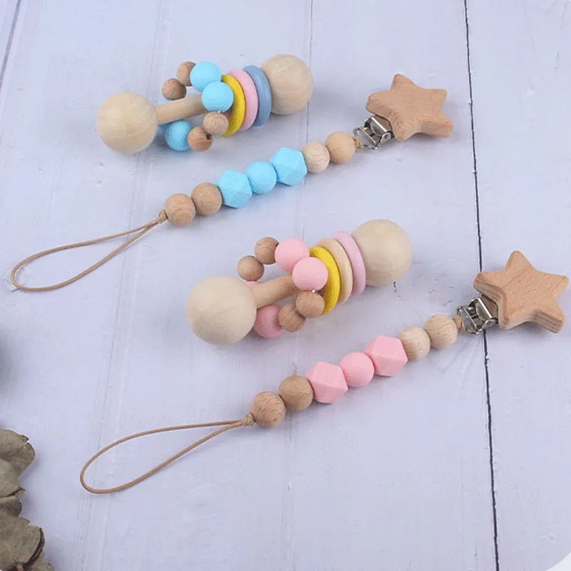 Juguetes de madera para beb&eacute;s, sonajero de haya, pulsera de estrella, campana, chupete, Clip, sonajero para beb&eacute;, cadena de chupete sonajeros y juguetes educativos-3
