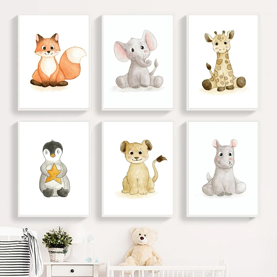 

Deer Elephant Lion Giraffe Hippo Wall Art Canvas Painting Nursery Nordic Baby Room Posters And Prints Wall Pictures Kids Decor