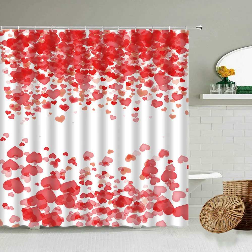 

Pink Sakura Flowers Love Pattern Shower Curtain Red Rose Valentines Day Gift Girl Bathroom Waterproof Curtains Home Decoration