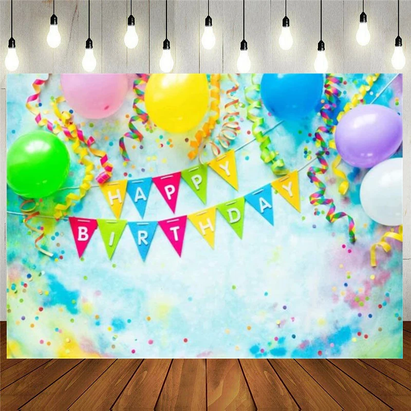 

Happy Birthday Party Backdrop Interior Decorations Banner and Colorful Balloons Supplies Wall Decor Boy Girl Background Props