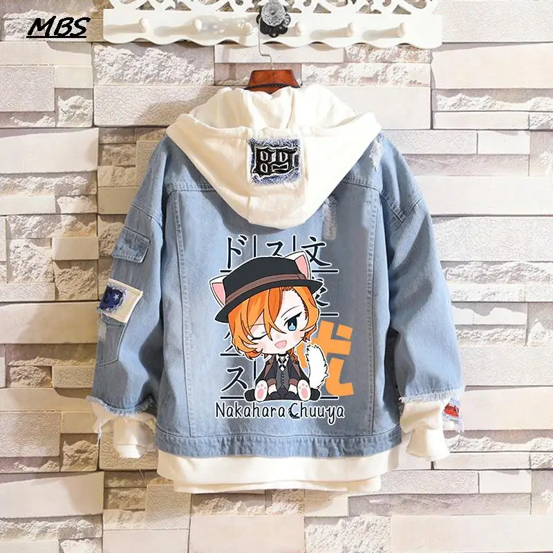 

Anime Bungo Stray Dogs Unisex Jean Jacket Dazai Osamu Cosplay Clothes Denim Raw Hem Jeans Jacket Autumn Spring Denim Hooded Coat