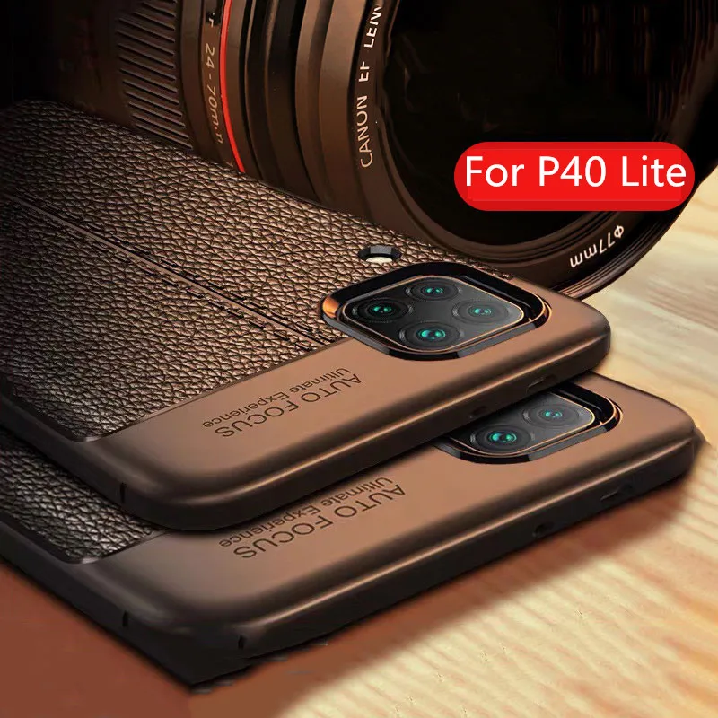 Противоударный чехол для Huawei P40 Lite с кожаной текстурой мягкий защитный бампер из