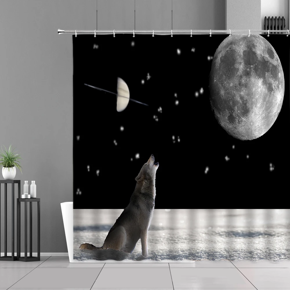 

3D Star Sky Roaring Wolf Shower Curtain Moon Mysterious Dream Animal Bathroom Curtains Polyester Bathtub Screen Home Decor Hook