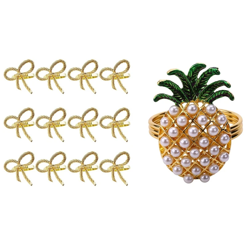 

LBER 6Pc Napkin Rings Pineapple Shape Pearl Beaded Shining With 12Pc Simple Golden Napkin Ring Butterfly Bow Tie Napkin Ring