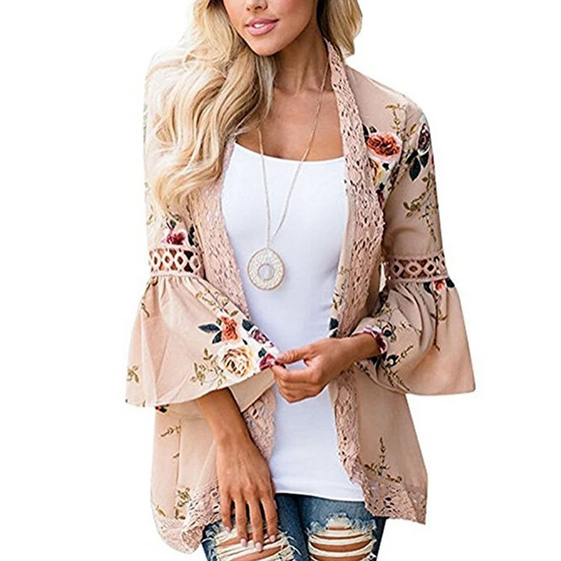 

Women's Hollow Out Lace Stitching Cardigan Fashion Printed Sunscreen Clothes Smock Loose Thin Coat Leisure Vacation Beach Wear