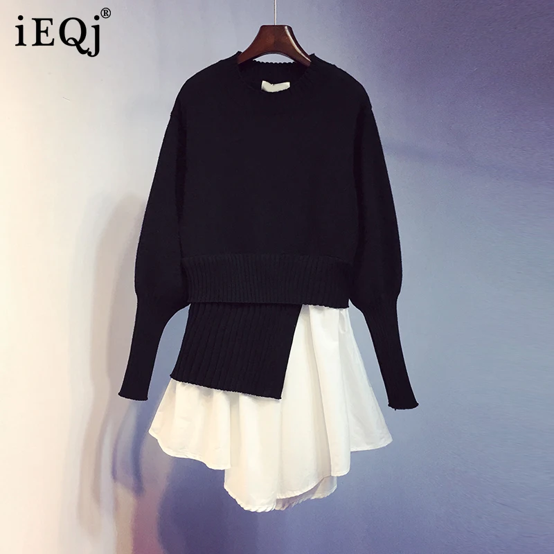 

IEQJ Loose Black Casual Fake Two Irregular Pleated Sweatshirt New O-neck Long Sleeve Women Fashion Spring Autumn 2021 3F1396