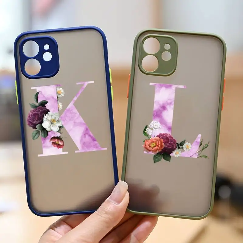 

Intial Alphabet flower letter Phone Case matte transparent For iphone 7 8 11 12 13 plus mini x xs xr pro max cover