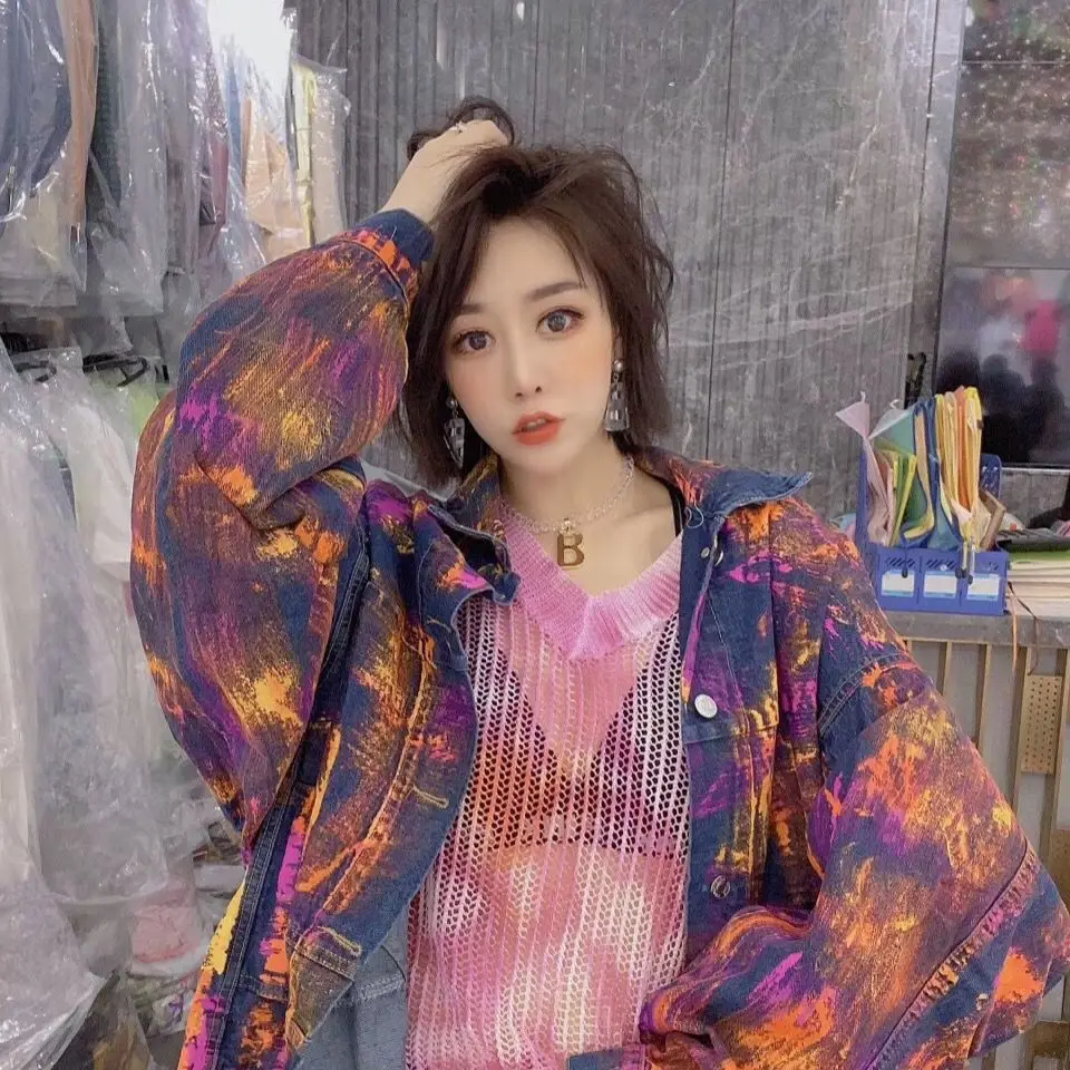 

Europe autumn 2020 new tie dye short denim jacket retro old painted irregular denim