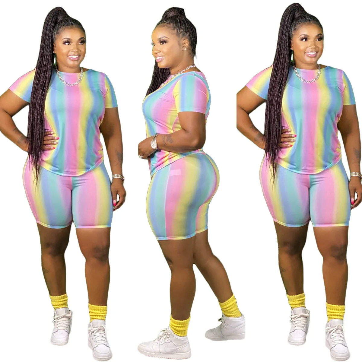 

Tie dye Korean Fashion Print Plus Size Loose Women Two Pieces Jumpsuits Short Set Casual Wear
