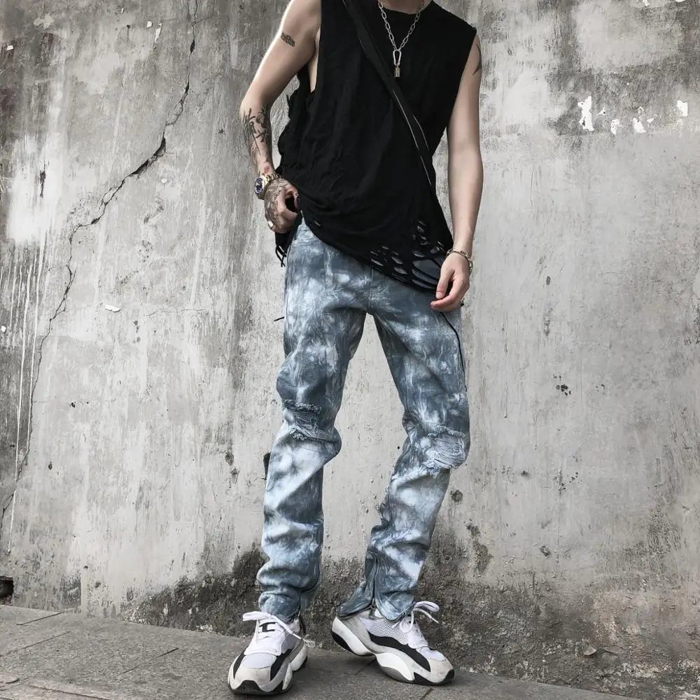 Уличная Мужская Прямые рваные джинсы брюки градиентный цвет хип-хоп мужские