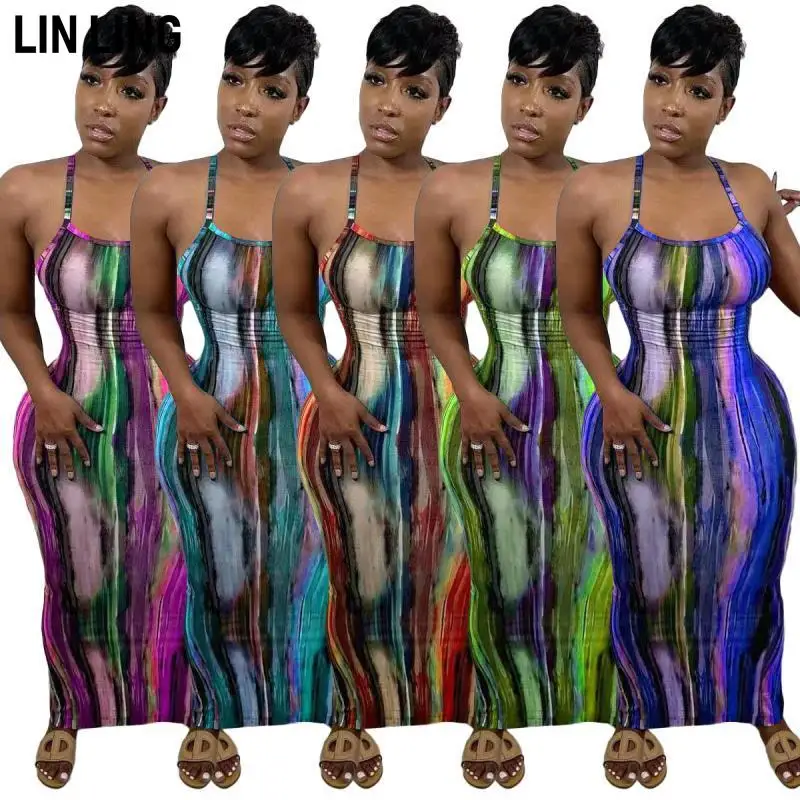 

LINLING Tie Dye Dresses for Women Casual Summer Spaghetti Strap Maxi Sundress Dresses Sexy Bodycon Dresses
