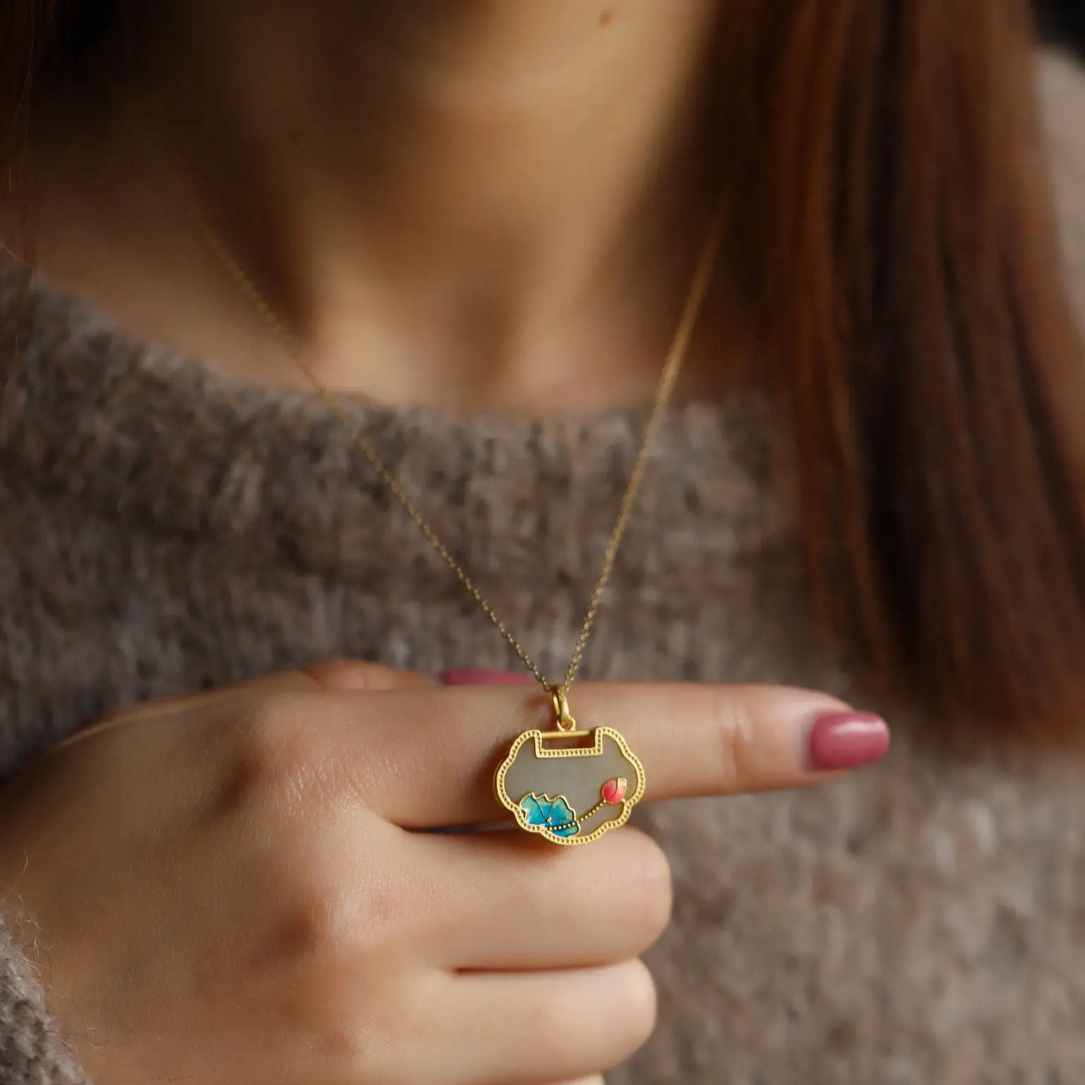 

Natural Hetian Jade Necklace Women's Sterling Silver Lotus Safety Lock Long Life Jade Lock Pendant Women's Enamel Ancient Style