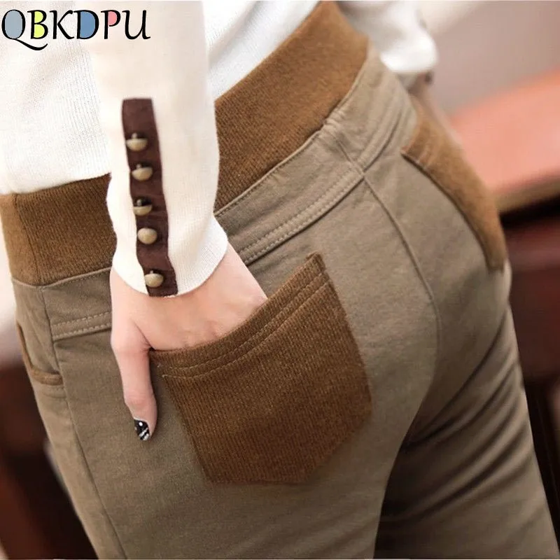 Зимние теплые женские Стрейчевые повседневные хлопковые брюки с высокой