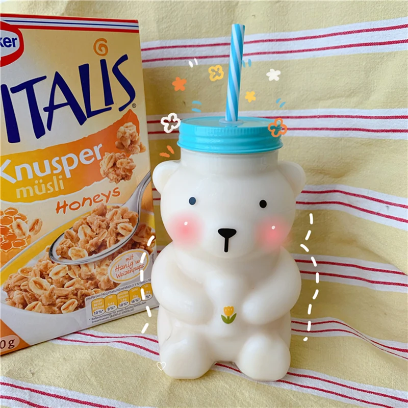 550ml Cute Cartoon Bear Sippy Cup Creative Heat Resistant Glass Water Bottle With Straw Juice Milk Kids Clear Drinking Bottles | Дом и сад