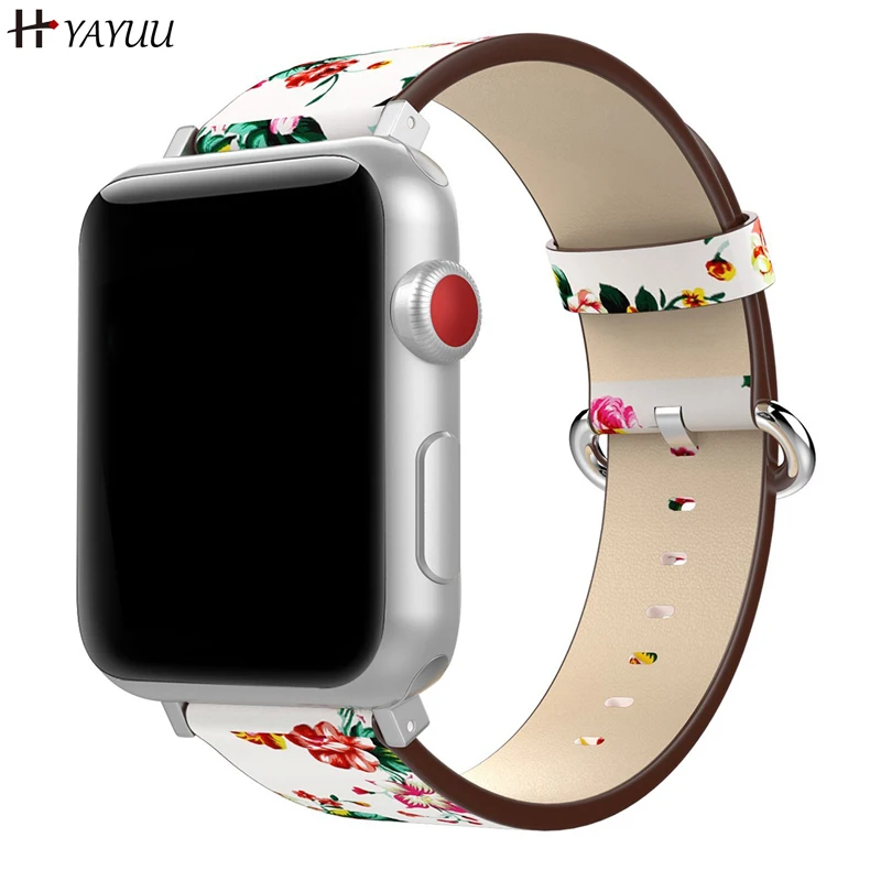 Кожаный ремешок YAYUU для Apple Watch 44 мм 40 38 42 с цветочным принтом браслет iwatch Series 5 4 3 2