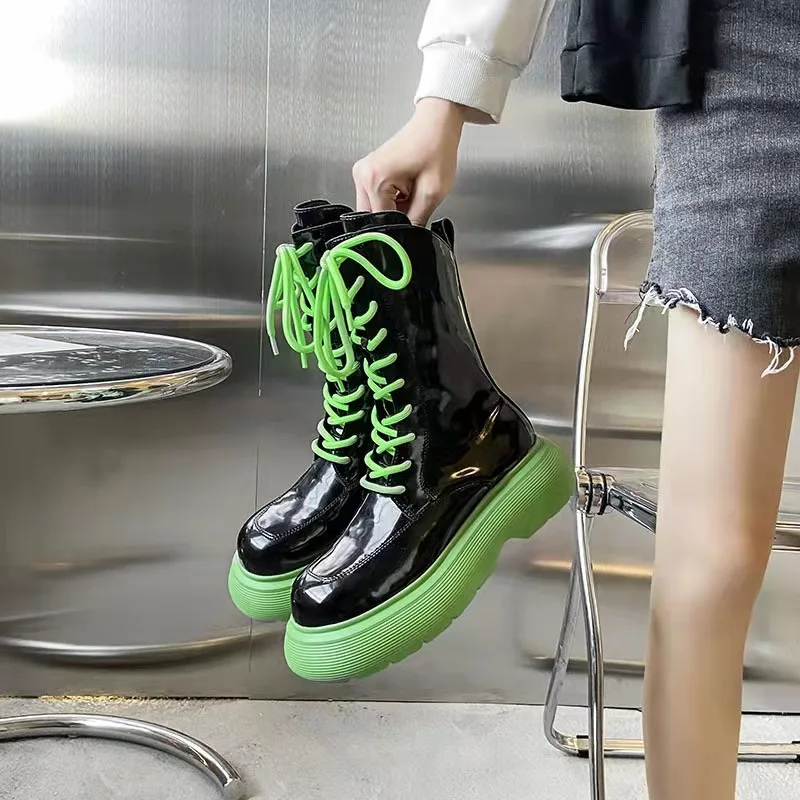 

2021Botines verdes con plataforma para mujer, botas de tacón alto con cremallera y cordones, de fiesta, góticos, novedad