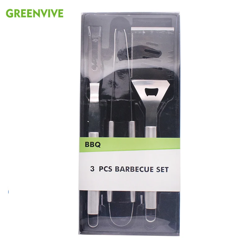 

Custom 3pcs BBQ tools set wooden handle with PVC box Bamboo BBQ Skewer Barbecue Tools
