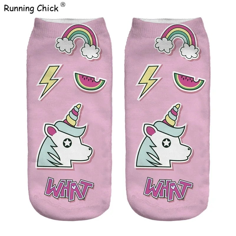 Носки в стиле бега цыпленок Единорог молния Арбуз Радуга Розовые 3d цифровая
