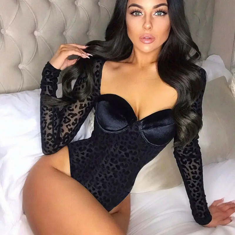 

Sexy Women Leopard Bodysuits Long Sleeve Strapless Leotard Tops Female Fashion Stretch Square Collar Bodysuits Bottoming Shirts