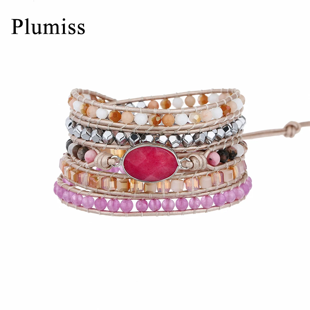 

Plumiss Red Jaspers Wrap Bracelets Amethysts Hematite Crystal Handmade Braided Leather Boho Bracelets Jewelry Gifts Dropshipping