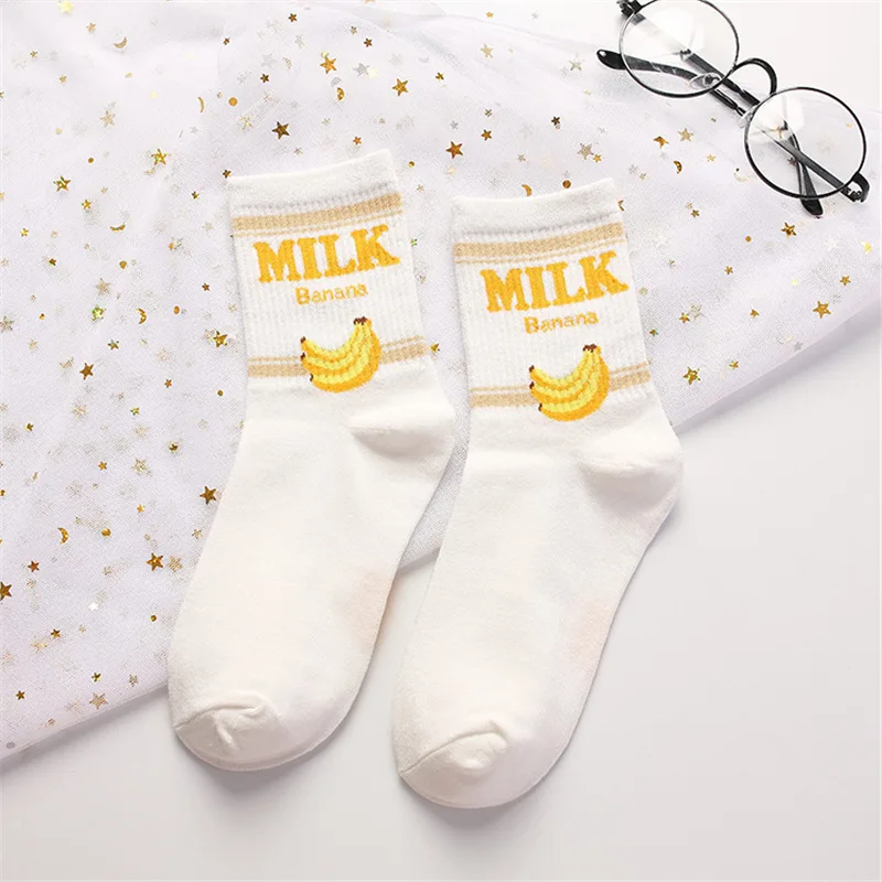 White Banana Новые женские носки без пятки ulzzang, молоко, клубника, банан, корова, соккен, для девочек, Осень-зима, рисунок с фруктами, молоко, теплые удобные хлопковые носки - Цвет: White Banana