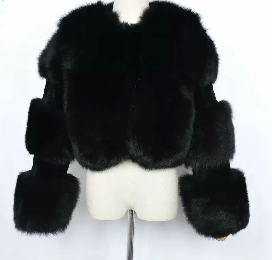 Fashion Black Genuine Leather Fox Fur Jacket Short Women Winter Outwear Thick Warm Natural Real Fox Fur Coats Trendy Overcoat