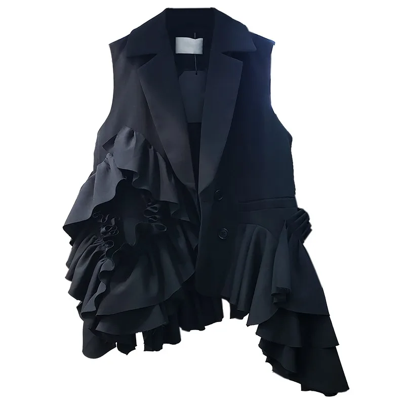 

Women Spring New Irregular Pleated Ruffle Spliced Sleeveless Jacket Fashion Single Breasted Black Vest Designer Office Waistcoat