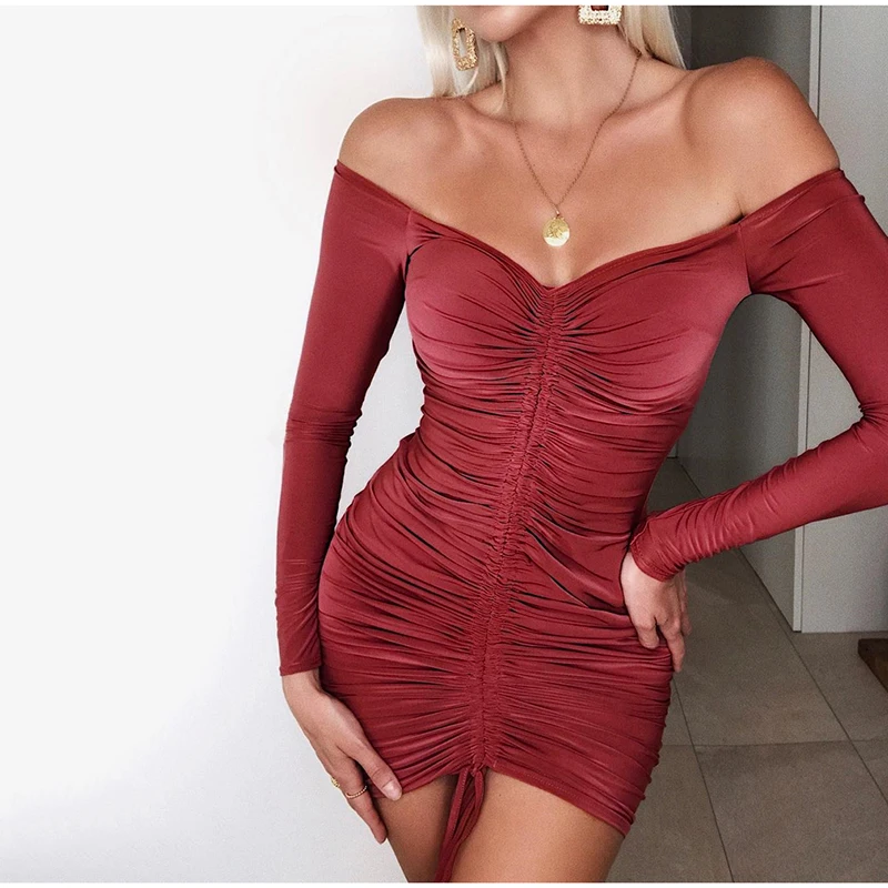 Wine Red Невозьму 2 слоя осеннее платье Для женщин с открытыми плечами Drawstring Ruched Bodycon платье женские вечерние Клубные пикантные зимнее платье - Color: Wine Red