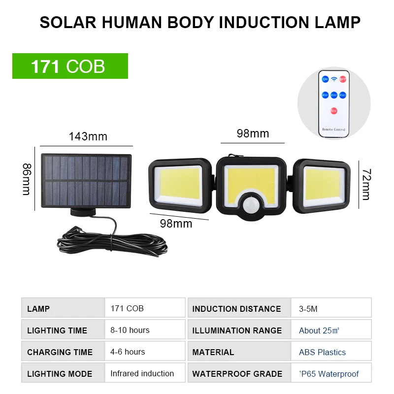 

171 COB LED Solar Light Outdoor 3 Head Motion Sensor Solar Lamp 270 Wide Angle Illumination Wall Lamp For Garden Garage 3 Modes