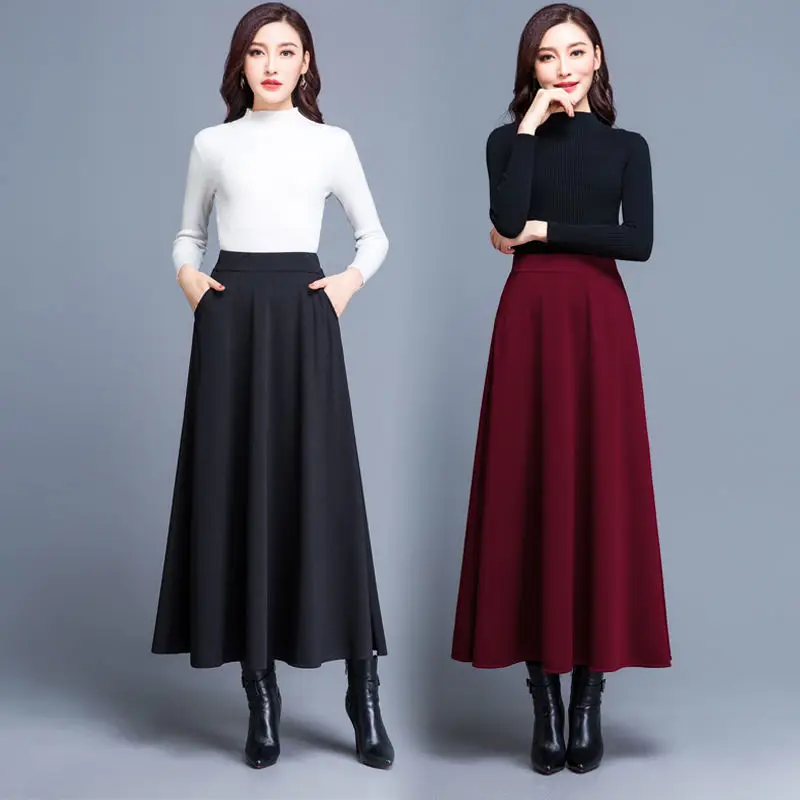 

New High Waist Pleated Elegant Skirt Wine Red Black Solid Color Long Skirts Women Faldas Saia 5XL Plus Size Ladies Jupe