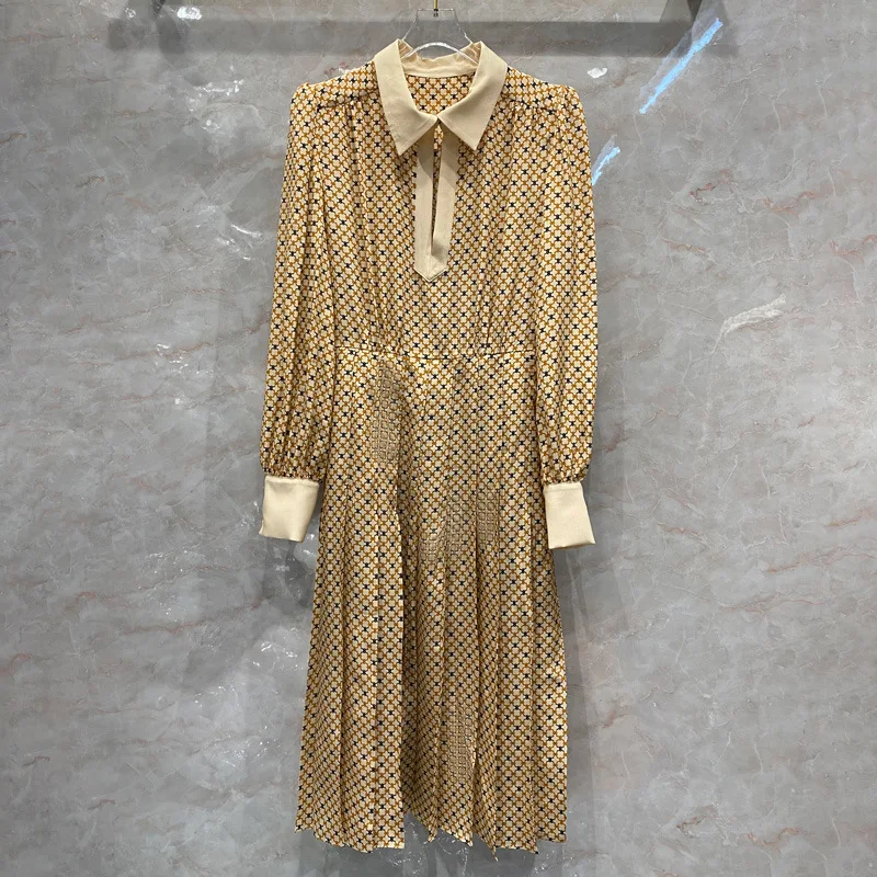 

Женское длинное плиссированное платье на пуговицах, роскошное уличное платье из 100% шелка с рукавами ранней весны, со складками и принтом дл...