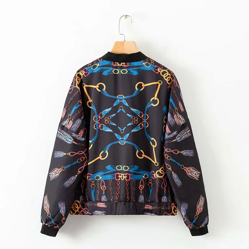 

2021 Spring Art Print Chain Print High Street Jacket Women's Leisure Flight Jacket Stand Collar Jacket Crop Jacket High Fashion