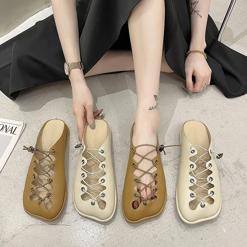 

Female Shoes Slippers Flat Low Slides Square Toe 2021 Soft Cover Summer Rubber Casual PU Cross-tied Basic Fabric Leisure