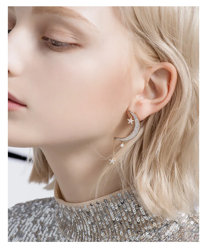 

Women's High Quality Fashion18K Plated Asymmetric Star Moon CZ Earring stud